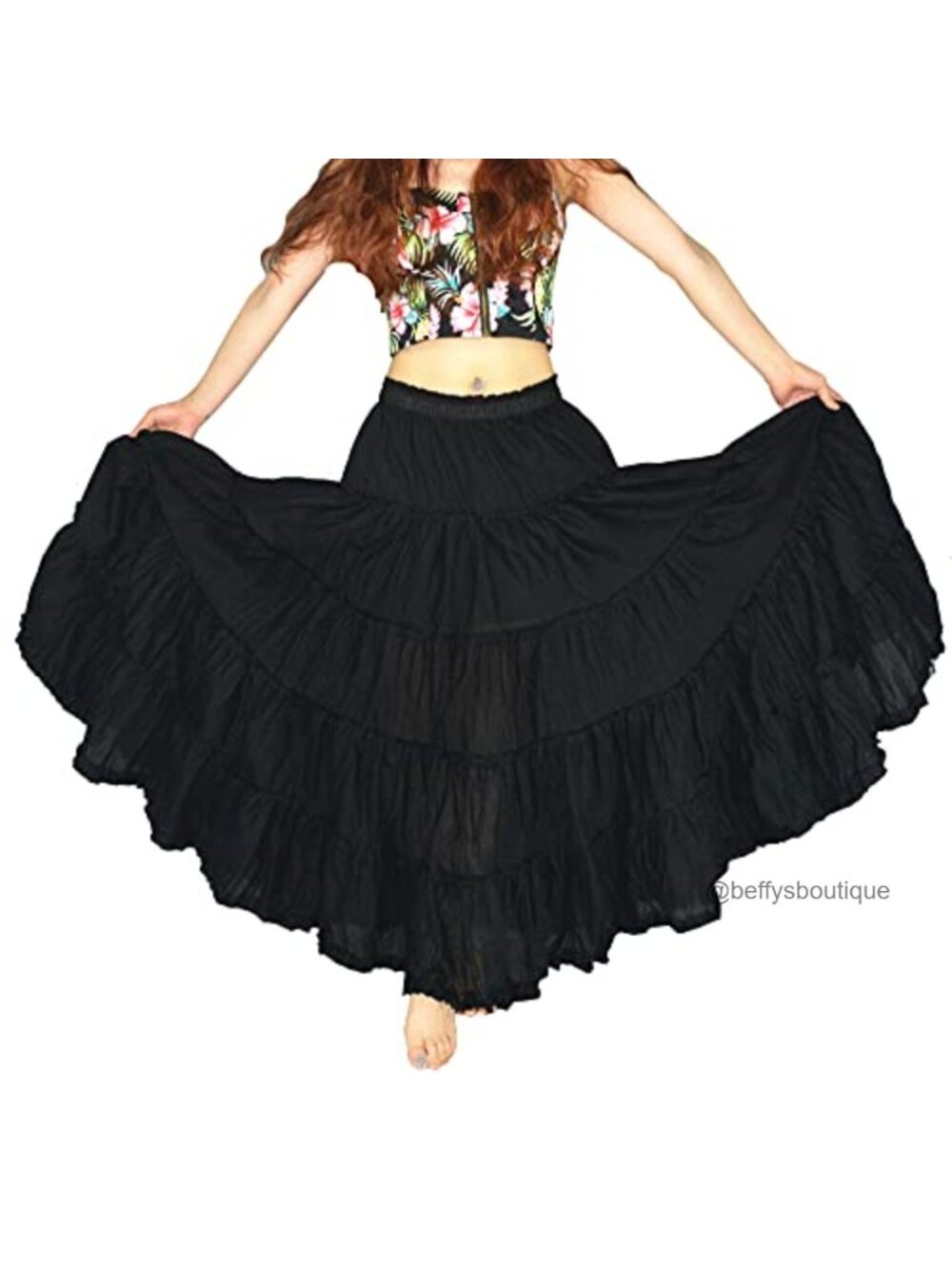 Women's Maxi Skirt Boho Pleated Cotton 5 Tiered Long A-Line Dance Skirts